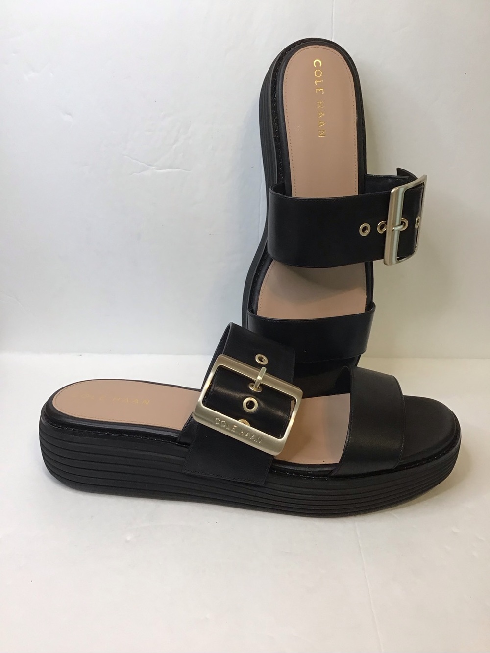 COLE HAAN Women's Black Leather Double-Strap Wedge Slides with Gold Buckle 9 - Picture 3 of 8
